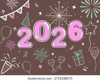 Póster, fondo, feliz año Nuevo 2026, dibujado a mano, arte de línea, en colores rosa, marrón, crema y verde claro, para el festival del año Nuevo.