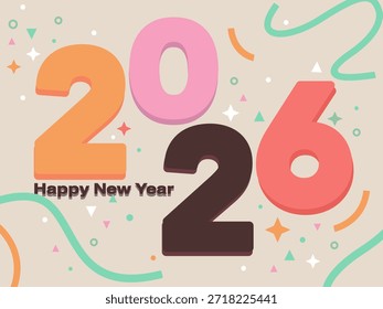 Poster ,background, Happy New Year 2026 ,hand-drawn, line art, in pink, brown, cream, and light green colors, for the New Year festival.