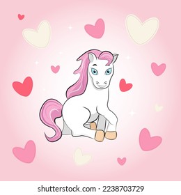 Poster, background, postcard with a cute pony with a pink mane and flying hearts on a background with a pink gradient. Vector illustration