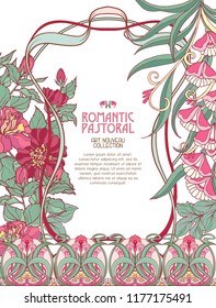 Poster, background with space for text and decorative flowers in art nouveau style, vintage, old, retro style. Stock vector illustration.