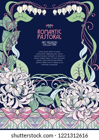 Poster, background with space for text and decorative flowers in art nouveau style, vintage, old, retro style. Stock vector illustration.