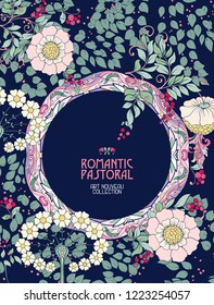 Poster, background with space for text and decorative flowers in art nouveau style, vintage, old, retro style. Stock vector illustration.