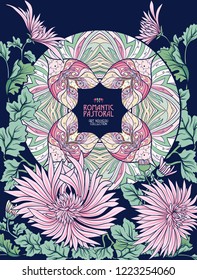 Poster, background with space for text and decorative flowers in art nouveau style, vintage, old, retro style. Stock vector illustration.