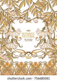 Poster, background with space for text and decorative flowers in art nouveau style, vintage, old, retro style. Stock vector illustration.