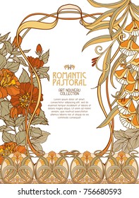 Poster, background with space for text and decorative flowers in art nouveau style, vintage, old, retro style. Stock vector illustration.