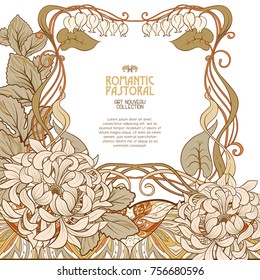 Poster, background with space for text and decorative flowers in art nouveau style, vintage, old, retro style. Stock vector illustration.