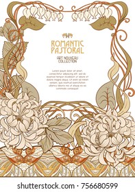 Poster, background with space for text and decorative flowers in art nouveau style, vintage, old, retro style. Stock vector illustration.