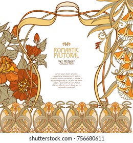 Poster, background with space for text and decorative flowers in art nouveau style, vintage, old, retro style. Stock vector illustration.