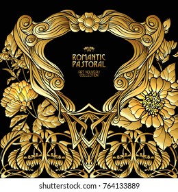 Poster, background with space for text and decorative flowers in art nouveau style, vintage, old, retro style. In gold on black background. Stock vector illustration.