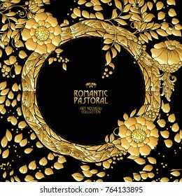 Poster, background with space for text and decorative flowers in art nouveau style, vintage, old, retro style. In gold on black background. Stock vector illustration.