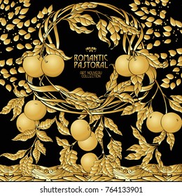 Poster, background with space for text and decorative flowers in art nouveau style, vintage, old, retro style. In gold on black background. Stock vector illustration.