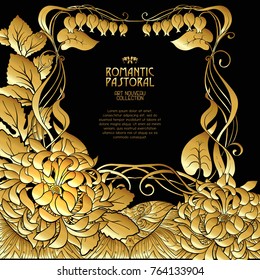Poster, background with space for text and decorative flowers in art nouveau style, vintage, old, retro style. In gold on black background. Stock vector illustration.