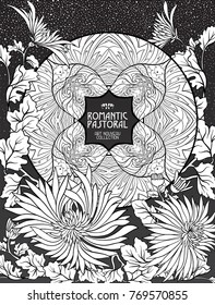 Poster, background with space for text and decorative flowers in art nouveau style. Black-and-white graphics. Vector illustration.