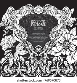 Poster, background with space for text and decorative flowers in art nouveau style. Black-and-white graphics. Vector illustration.