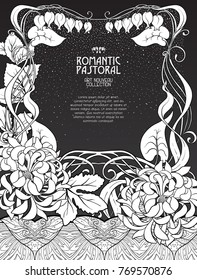 Poster, background with space for text and decorative flowers in art nouveau style. Black-and-white graphics. Vector illustration.