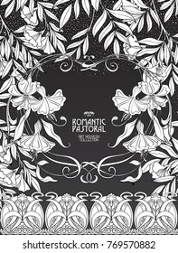 Poster, background with space for text and decorative flowers in art nouveau style. Black-and-white graphics. Vector illustration.