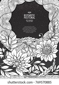 Poster, background with space for text and decorative flowers in art nouveau style. Black-and-white graphics. Vector illustration.