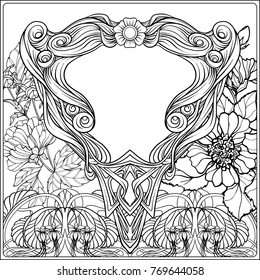 Poster, background with space for text and decorative flowers in art nouveau style, vintage, old, retro style.  Outline hand drawing coloring page for the adult coloring book.
Vector illustration.