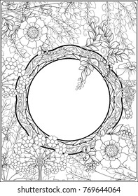Poster, background with space for text and decorative flowers in art nouveau style, vintage, old, retro style.  Outline hand drawing coloring page for the adult coloring book.
Vector illustration.