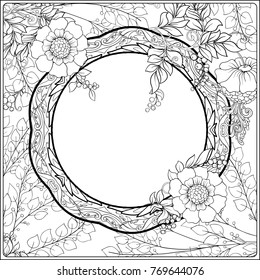 Poster, background with space for text and decorative flowers in art nouveau style, vintage, old, retro style.  Outline hand drawing coloring page for the adult coloring book.
Vector illustration.