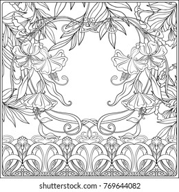 Poster, background with space for text and decorative flowers in art nouveau style, vintage, old, retro style.  Outline hand drawing coloring page for the adult coloring book.
Vector illustration.
