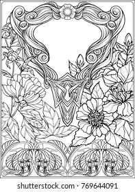 Poster, background with space for text and decorative flowers in art nouveau style, vintage, old, retro style.  Outline hand drawing coloring page for the adult coloring book.
Vector illustration.