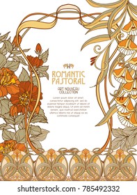 Poster, background with space for text and decorative flowers in art nouveau style, vintage, old, retro style. Stock vector illustration.