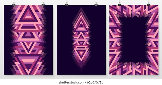 Poster backgrounds set. Abstract layouts collection. Cover or banner design. Posters on binder clips mockup. Business backdrops design. Ornament backgrounds.