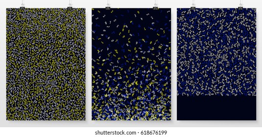 Poster backgrounds set. Abstract layouts collection. Cover or banner design. Posters on binder clips mockup. Business backdrops design. Numbers background.