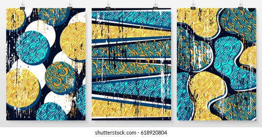 Poster backgrounds set. Abstract layouts collection. Vintage cover or banner design. Posters on binder clips mockup. Vintage ornament. Asian background. Business backdrops design. Retro ornament.