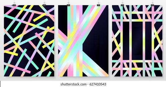 Poster backgrounds set. Abstract layouts collection. Cover or banner design. Posters on binder clips mockup. Business backdrops design. Holographic retro backgrounds.