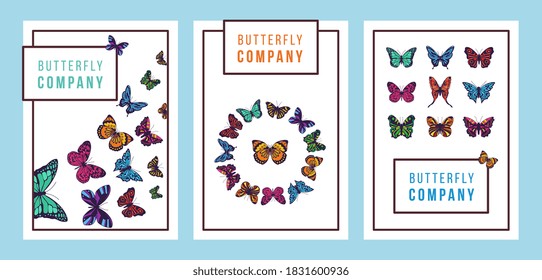 Poster backgrounds for social media with colorful butterflies set of flat vector illustrations. Business cards or posters collection with exotic butterflies.
