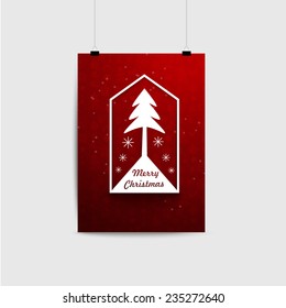 Poster with badge xmas tree on red christmas pattern