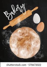 Poster bakery with illustrated egg, rolling pin, bread in vintage style lettering bakery drawing on chalkboard background