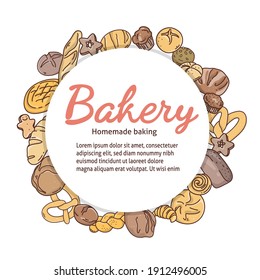 Poster with bakery products. Various types of bread, sweet pastries are arranged in a circle. Colorful vector illustration on a white background. Doodle.