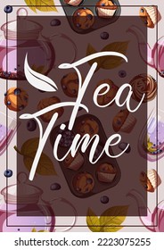 Poster with baking products and teapots seamless pattern and lettering. Vector illustration of pastry,tea,text Time to Bake isolated on dark. Bakeries,cafe,card,greeting card,print concept.