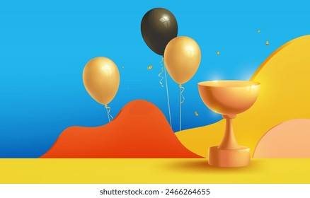 A poster of balloons and gold trophies against a blue sky