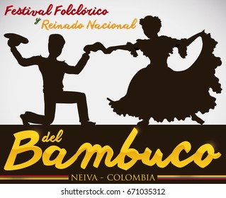 Poster for Bambuco Pageant and Folkloric Festival Celebration (written in Spanish), with couple silhouette performing the traditional Colombian Bambuco dance.