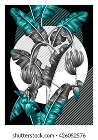 Poster with banana leaves. Decorative image of tropical foliage, flowers and fruits. Design for advertising booklets, banners, flayers, cards.