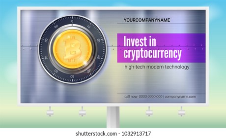 Poster for banking services on white billboard. Safe lock with crypto currency coin of bitcoin with metal surface with texture and rivets. Security digital money on metallic combination lock.