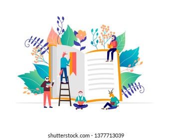 Poster and banner with animal character vector concept. Book festival concept of a small people reading a open huge book illustration. 