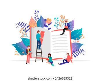 Poster and banner with animal character vector concept. Book festival concept of a small people reading a open huge book illustration. 