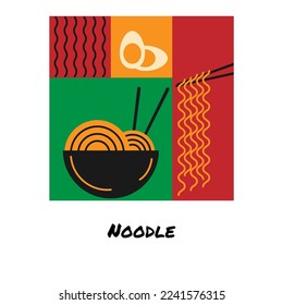 Poster or banner of an Asian dish. Noodles and eggs in the flat style. Vector illustration of Asian food