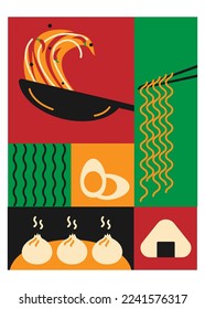 Poster or banner of Asian food. Noodles, wok, dim sum, nori, onigiri in flat style.Vector illustration of Asian food