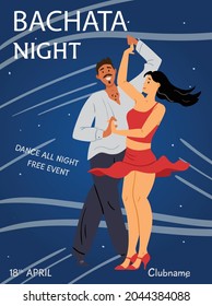 Poster Or Banner For Bachata Night Event In Dance Club With Beautiful Dancers, Flat Vector Illustration On Dark Blue Background. Bachata Show Or Dance Evening.