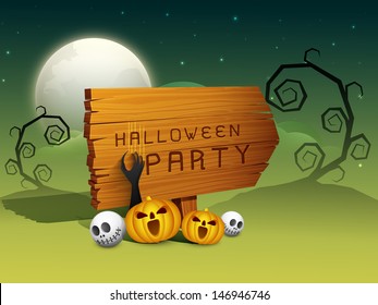 Poster, banner or background for Halloween party with scary pumpkins and skull.