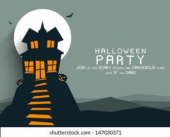 Poster, banner or background for Halloween Party night with haunted house.