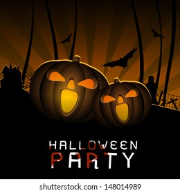 Poster, banner or background for Halloween Party Night with scary pumpkins.