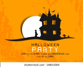 Poster, banner or background for Halloween Party Night with haunted house.