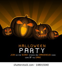 Poster, banner or background for Halloween Party Night with scary pumpkins.